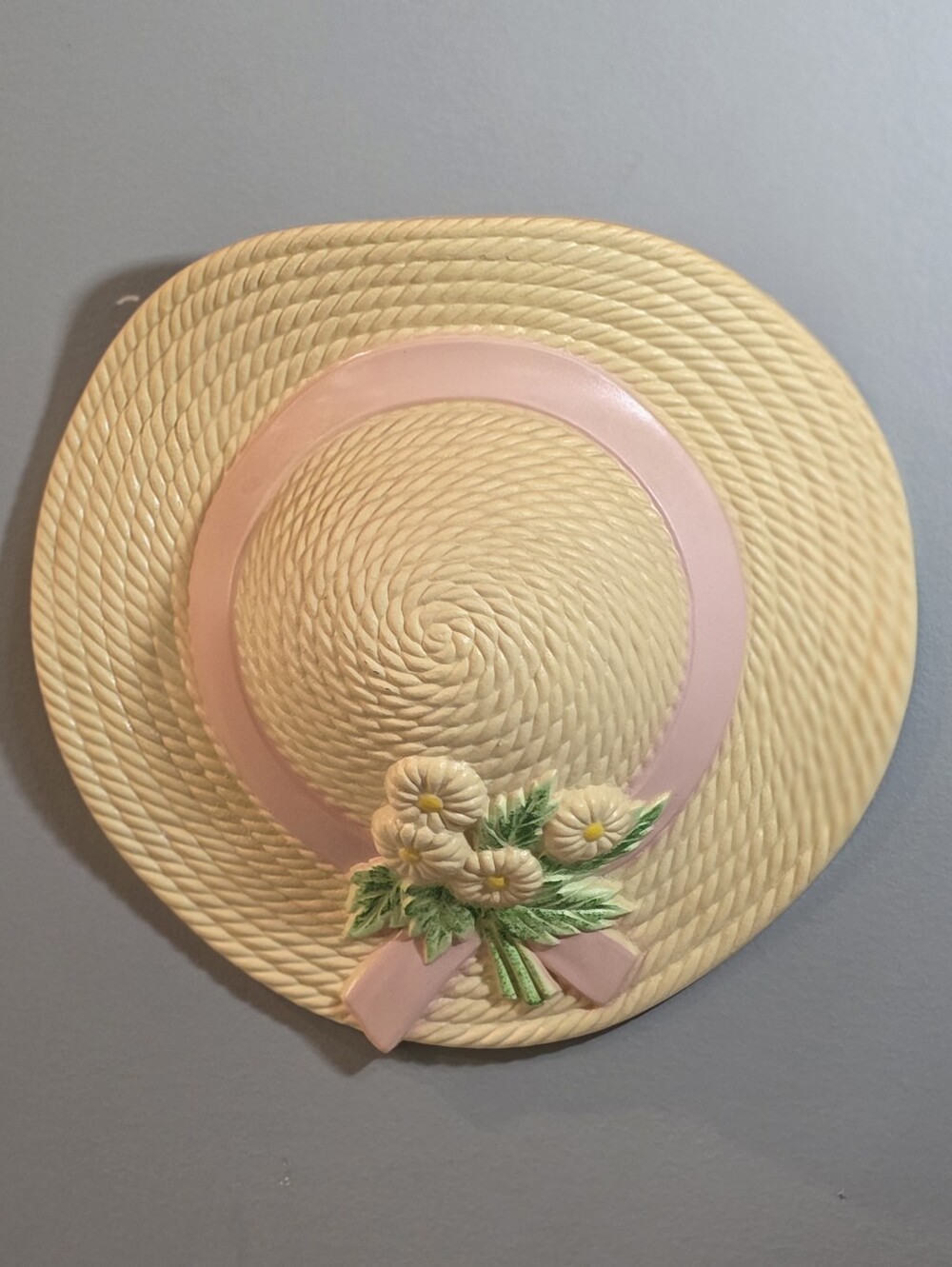 Straw Wall Hat Plaque Planter with Pink Ribbon & Flower Accent